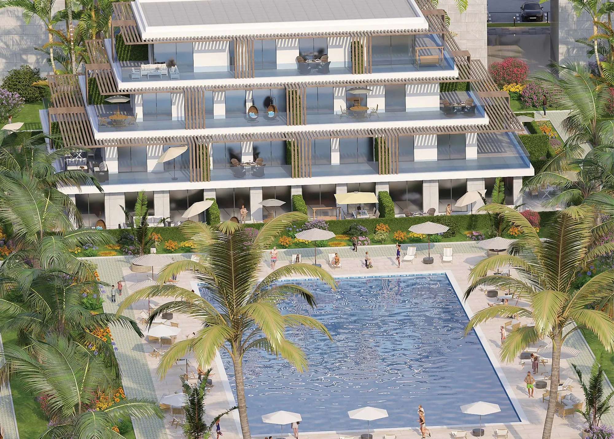 Gebouw met terrassen rond een zwembad in Cabo Golf