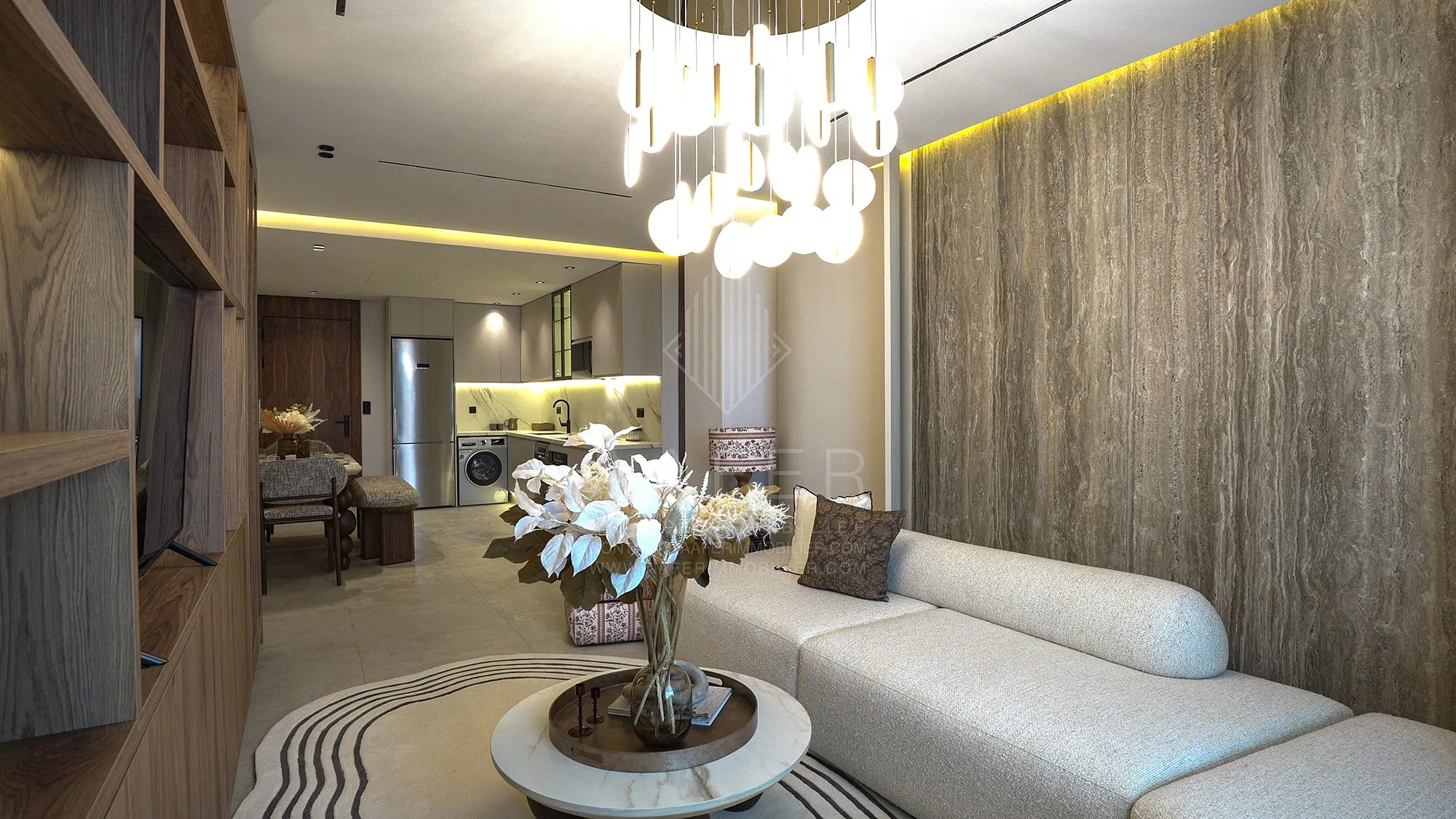 Woonkamer van het modelappartement in Cabo Hills