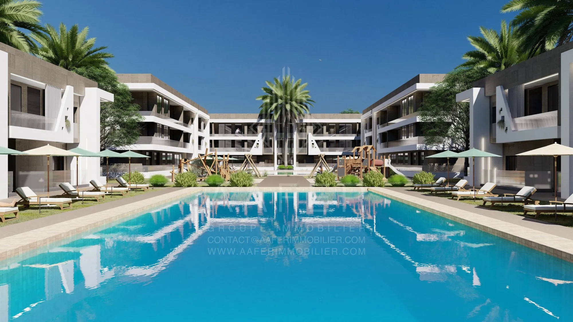 Zwembad en appartementsgebouwen van Résidence Oceana in Achakar, Tanger