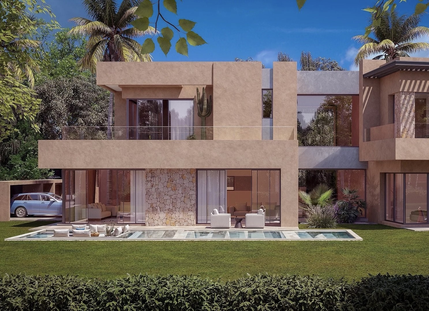 Villa met terracotta gevel en zwembad